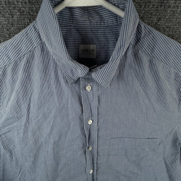 Armani Collezioni Button Up Shirt Men Long Sleeve Striped Blue Size 16 Cotton - Picture 1 of 16